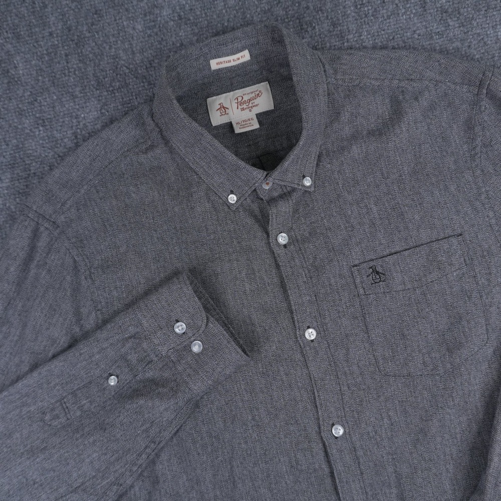 Original Penguin Button‎ Down Shirt Mens XL Grey Heritage Slim Fit Flannel Logo